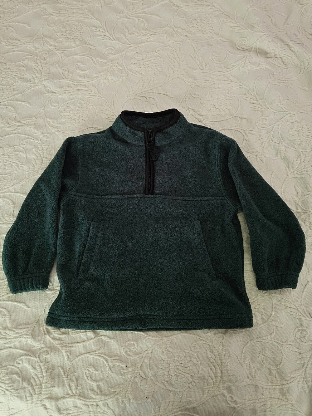 Vintage TKS Basics Kids Long Sleeve Fleece Pullover - Dark Green with Black Trim